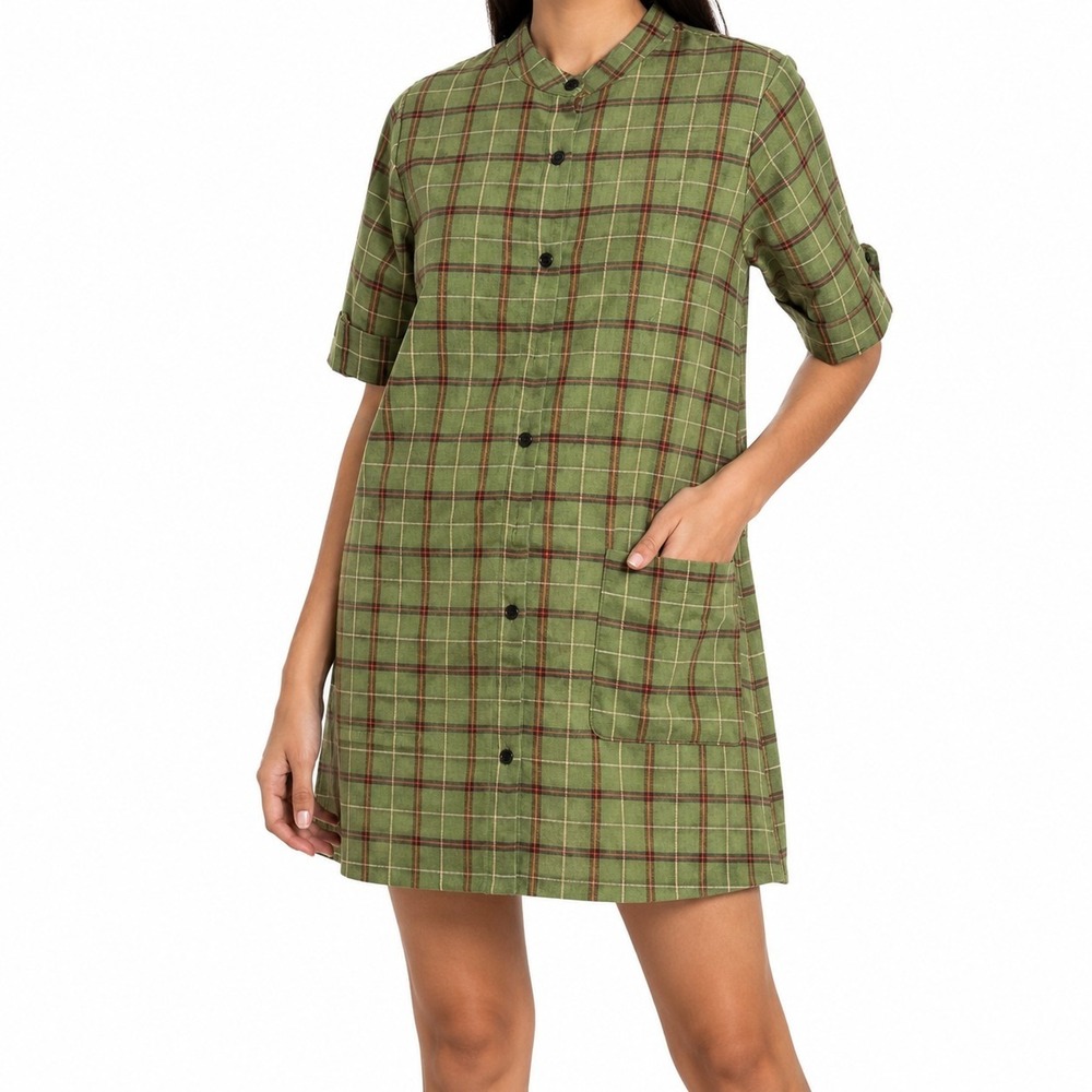 Tulip B Button Up Shift Dress Women's Medium Green Plaid Mandarin Collar NWT